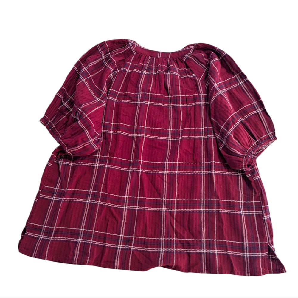 Loft Blouse Red Blue White Plaid Tie-Neck Puff Sleeve Top Size L Petite *NWT - Picture 3 of 16